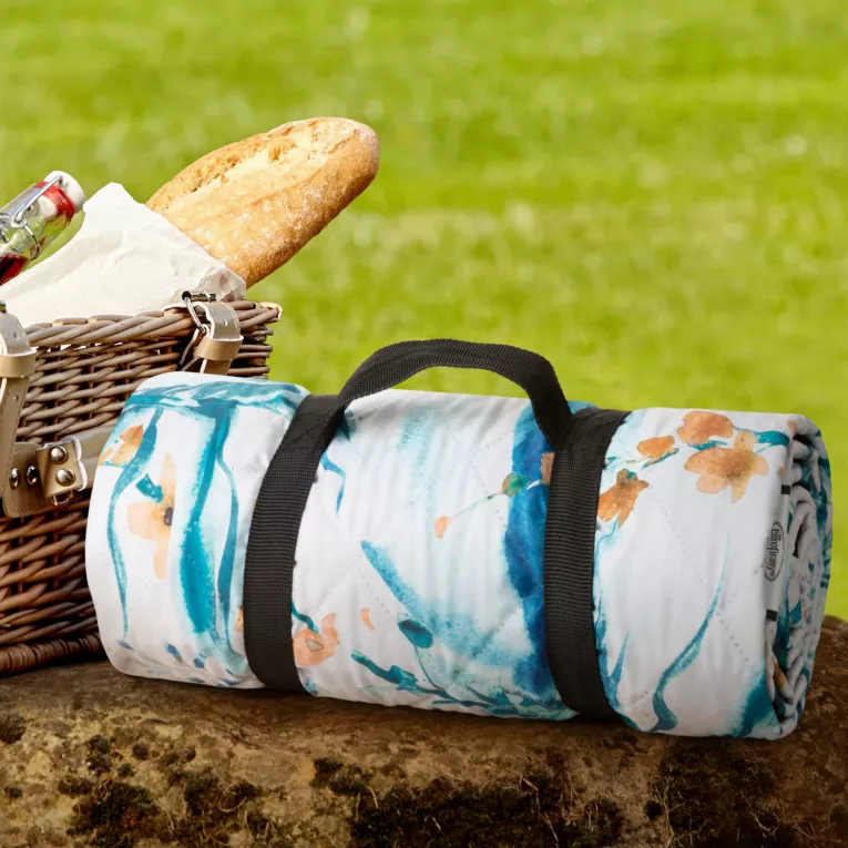 Koc piknikowy 130x145 cm biało, turkusowy z motywem kwiatów PIKNIK 1