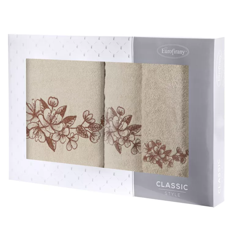 Zestaw ręczników bawełnianych na prezent 3 szt kolor beżowy,brązowy z haftowanym motywem kwiatu wiśni 400 g/m2 SOFIA