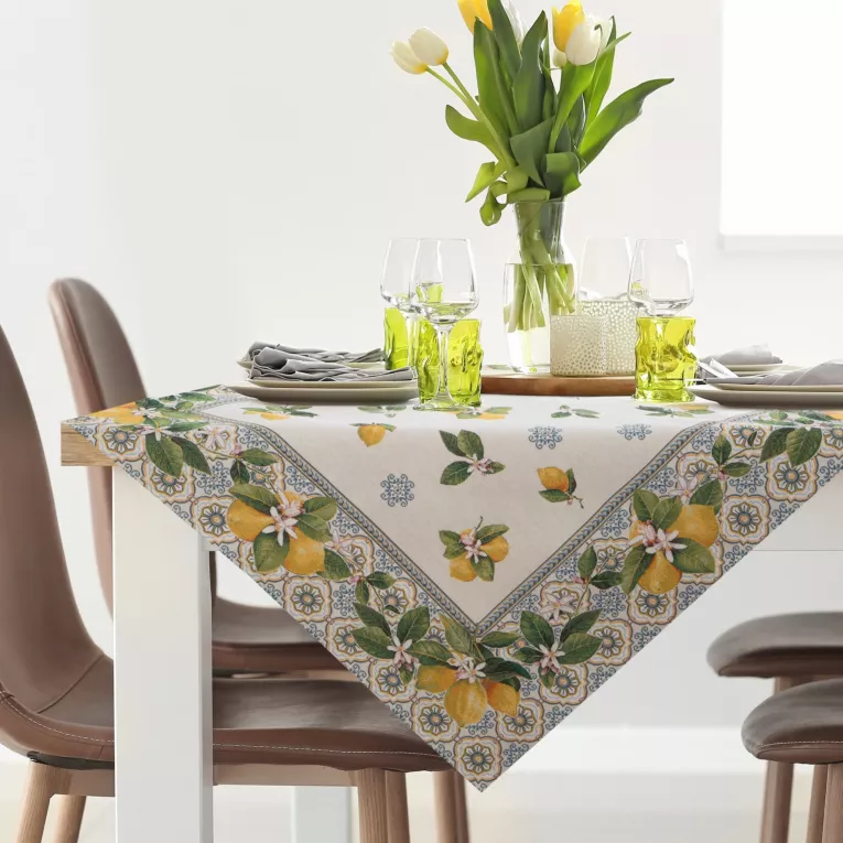 Obrus naturalno, żółty 100x100 cm gobelinowy z nadrukiem letnich cytryn