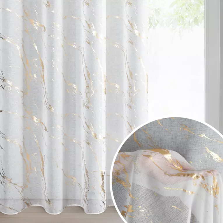 Firana biała zdobiona błyszczącym nadrukiem marmurku, 140x250 cm złota przelotka - MOLLY1