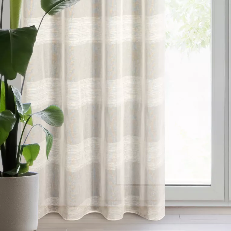 Firana beżowa zdobiona szenilowymi pasami 140x250 cm przelotka AGATA