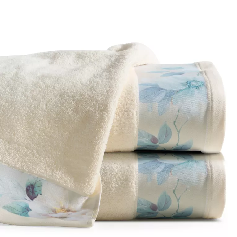 Ręcznik kąpielowy 50x90 cm bawełniany kolor beżowy,nebieski z dekoracyjną bordiurą w kwiaty 485g/m2 ALINE Eva Minge