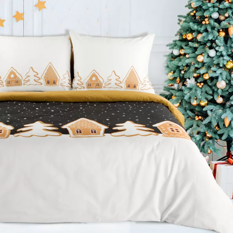 Pościel świąteczna 220x200 cm bawełniana kolor czarny, musztardowy z motywem piernikowych domków GOLDI