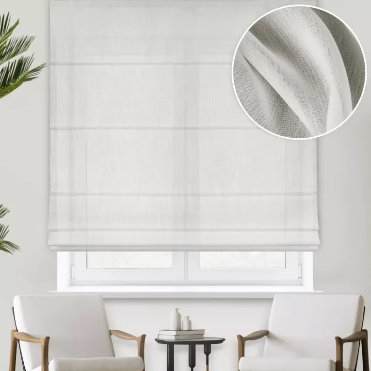 Roleta rzymska naturalna z gładkiej i delikatnej tkaniny typu KREPA, wykończona obciążnikiem