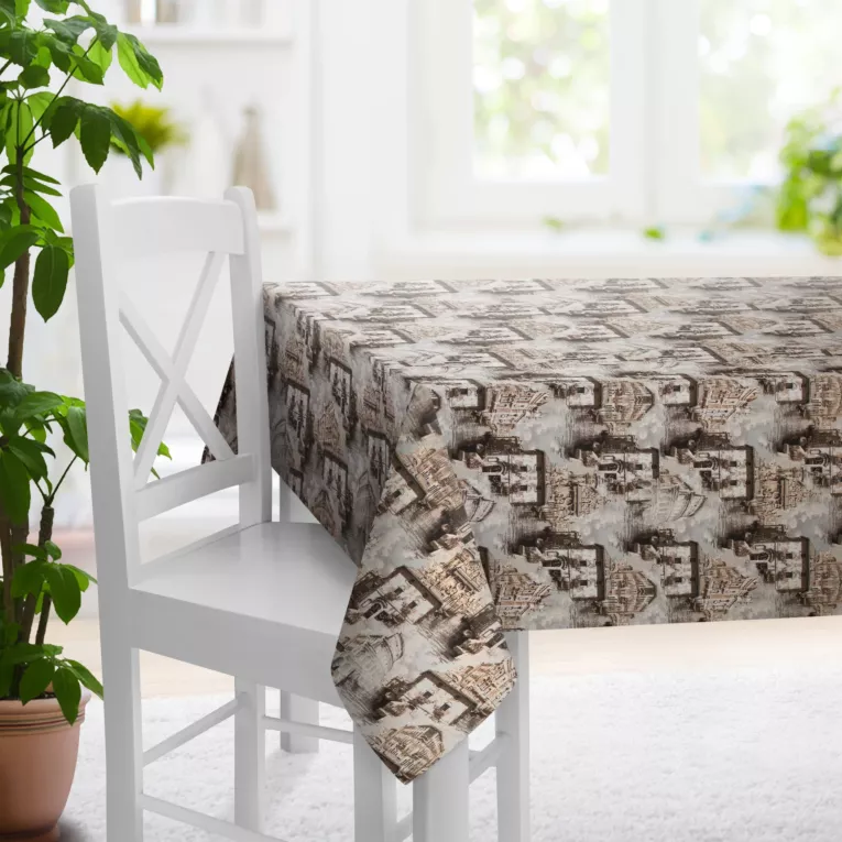 Obrus szyty beżowo brązowy z tkaniny o fantazyjnym wzorze Italissima Eva Minge