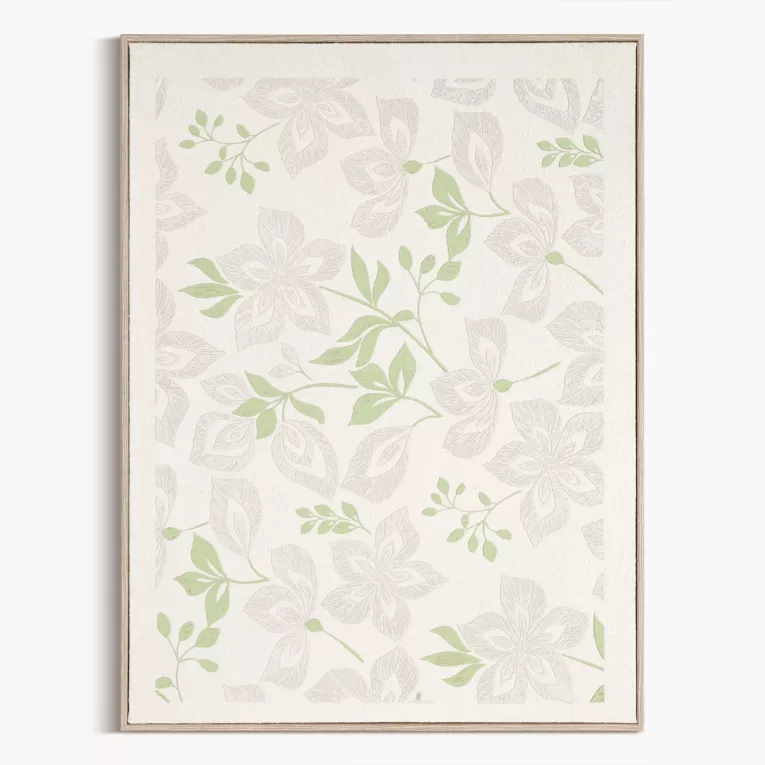 Obraz kremowo, zielony nadruk na płótnie zdobiony drobnymi kwiatami  45x60 cm
