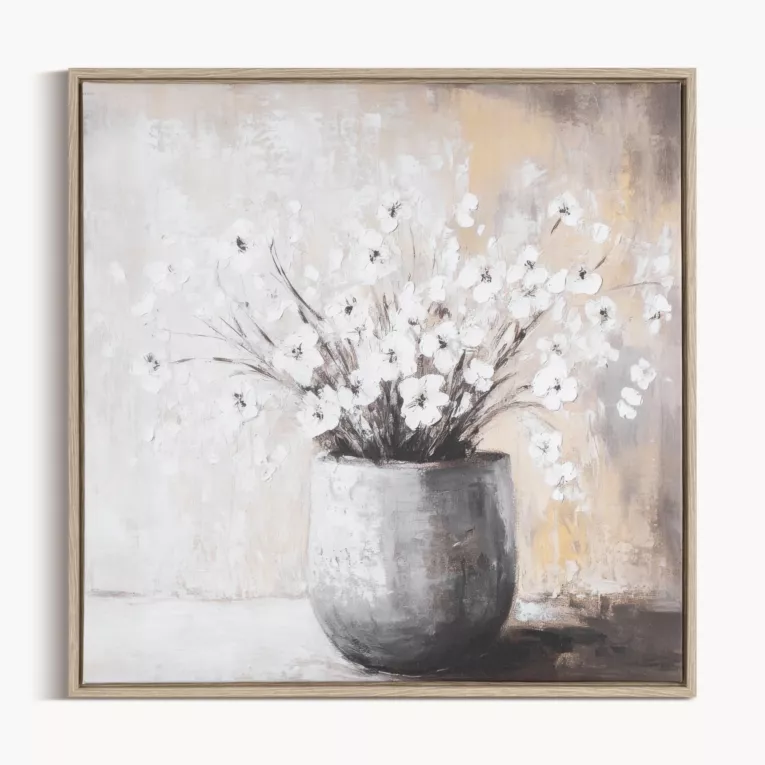 Obraz beżowo, biały drukowany na płótnie z motywem kwiatów 50x50 cm