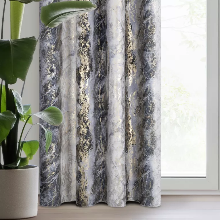 Zasłona welwetowa stalowo, szampańska z przecieranym nadrukiem 135x250 cm przelotka - SOFI