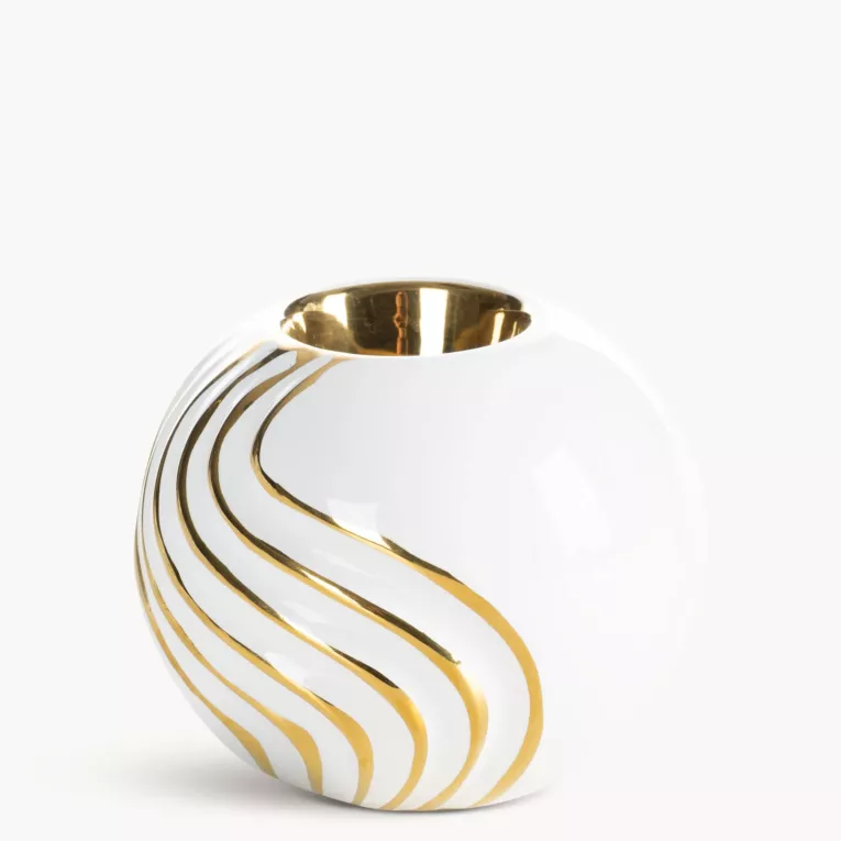 Świecznik dekoracyjny biało, złoty zdobiony subtelnymi liniami 10x9 cm ESTELA