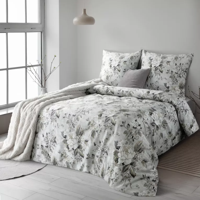 Pościel 140x200 cm z satyny bawełnianej kolor srebrno, oliwkowy z motywem roślinnym SPRING 62