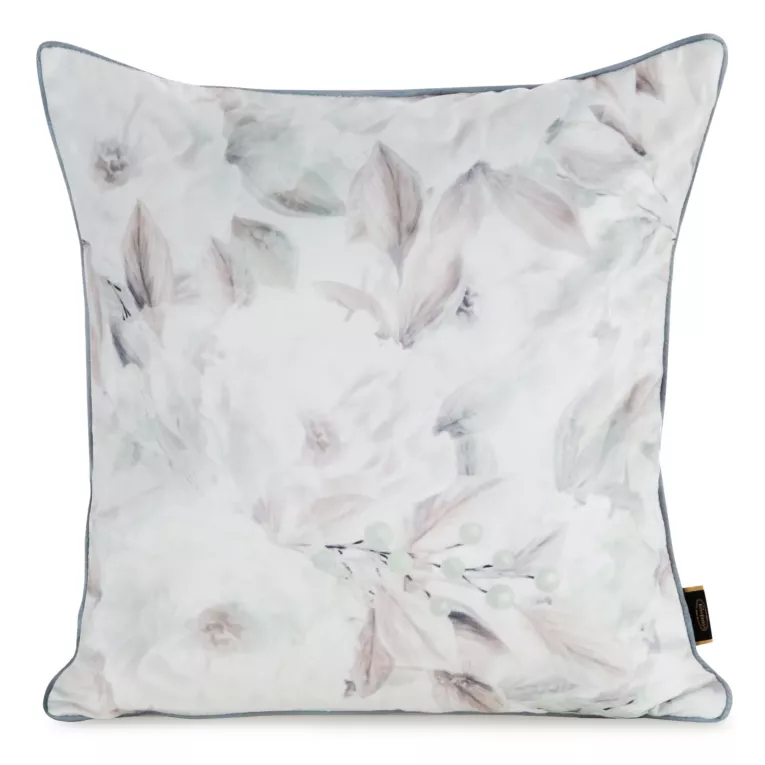 Poszewka na poduszkę 45x45 cm welwetowa, biało beżowa z nadrukiem pastelowych kwiatów VELVET 155 Eurofirany Premium