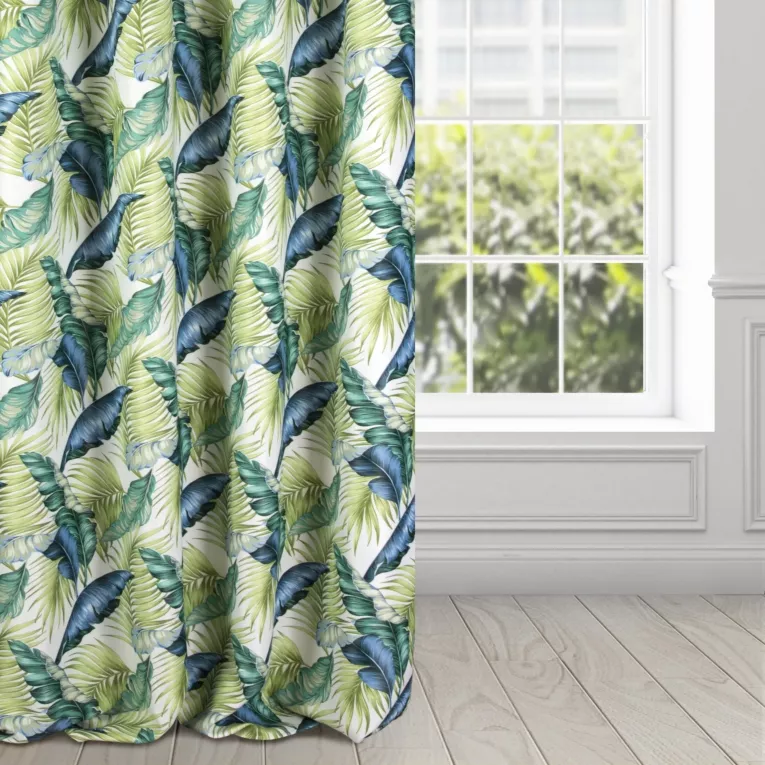 Zasłona biało, zielona w palmowe liście, zaciemniająca 140x250 cm przelotka - HANNA