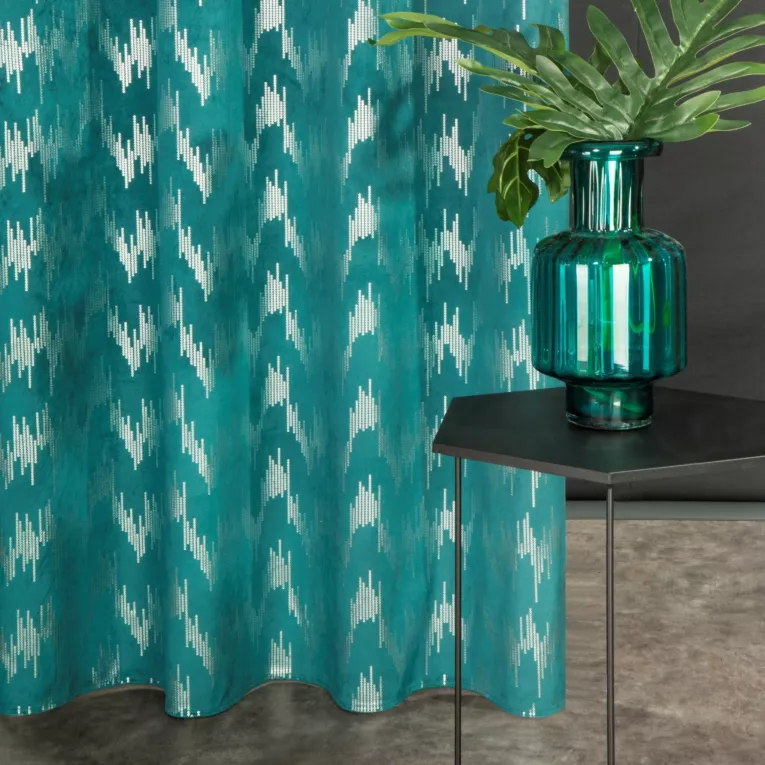 Zasłona welwetowa turkusowa ze srebrnym nadrukiem 140x250 cm przelotka - CHILL