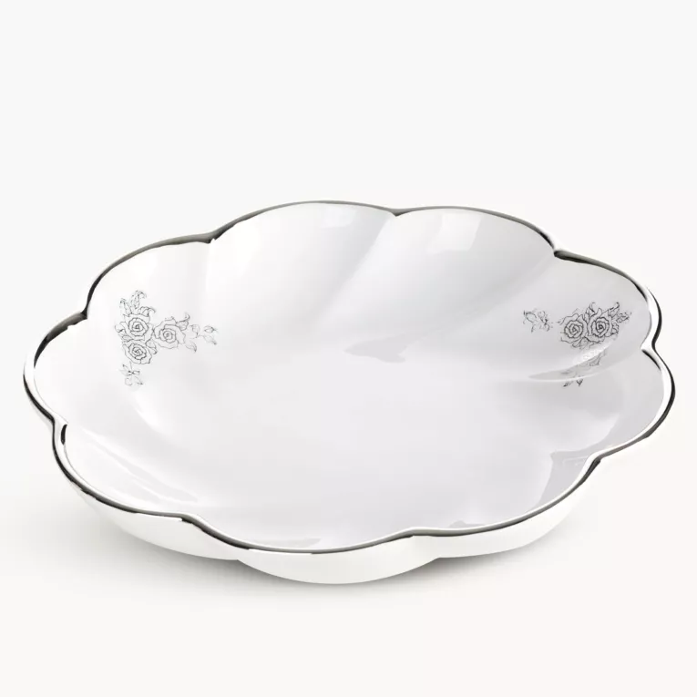 Patera dekoracyjna biało, srebrna  o falowanej formie 30x6 cm ELSA