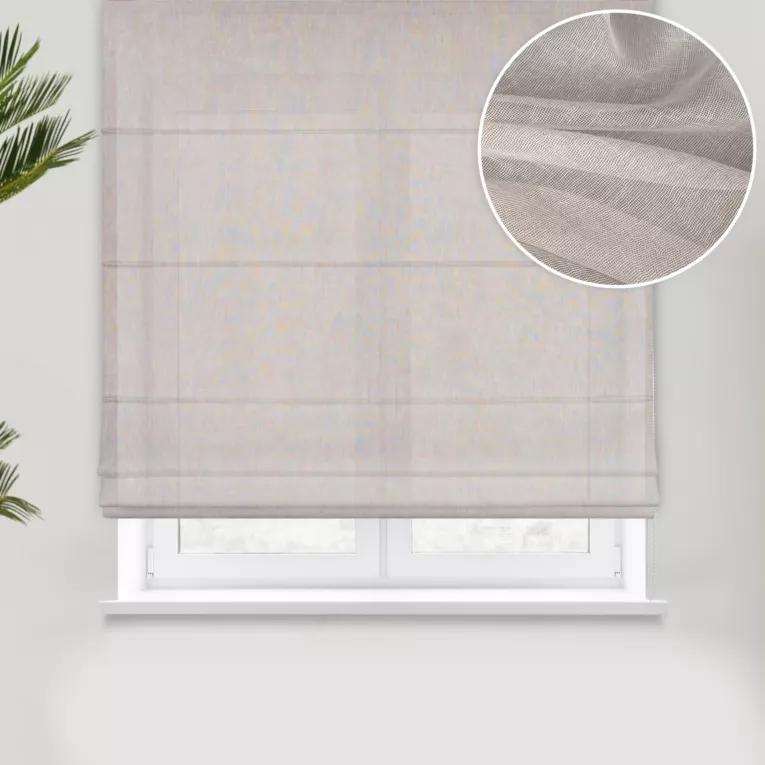 Roleta rzymska beżowa z miękkiej, matowej tkaniny nie wymagającej prasowania, z efektem kreszowania