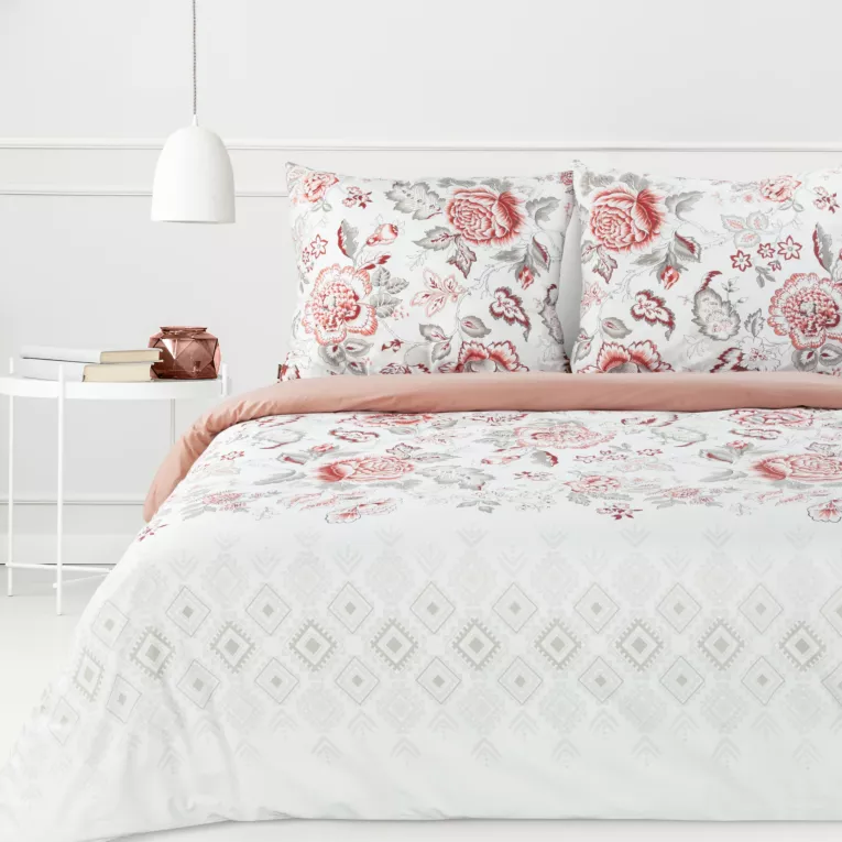 Pościel 220x200 cm bawełniana kolor koralowy, biały z wzorem dużych kwiatów SARA 33