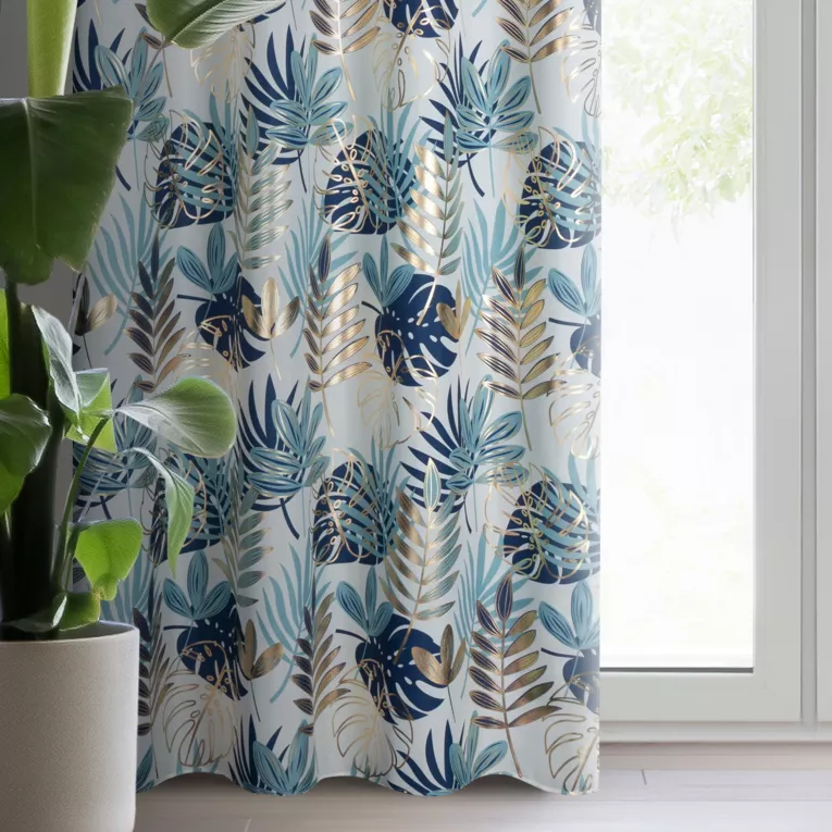 Zasłona biało, turkusowa zdobiona egzotycznym nadrukiem z tkaniny typu oxford 140x250 cm przelotka - MALTA