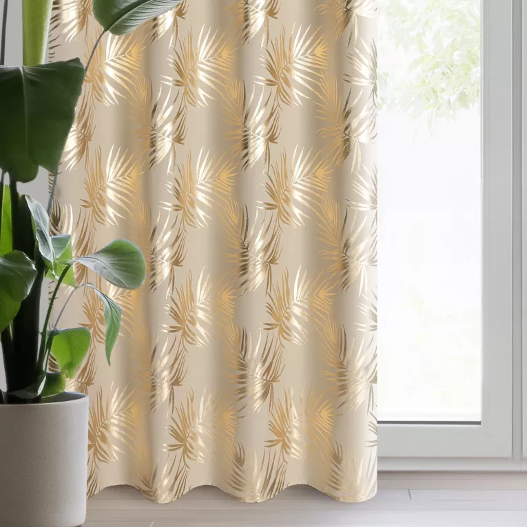Zasłona beżowo, szampańska zdobiona nadrukiem liści z lekkiej tkaniny 140x250 cm przelotka RENI