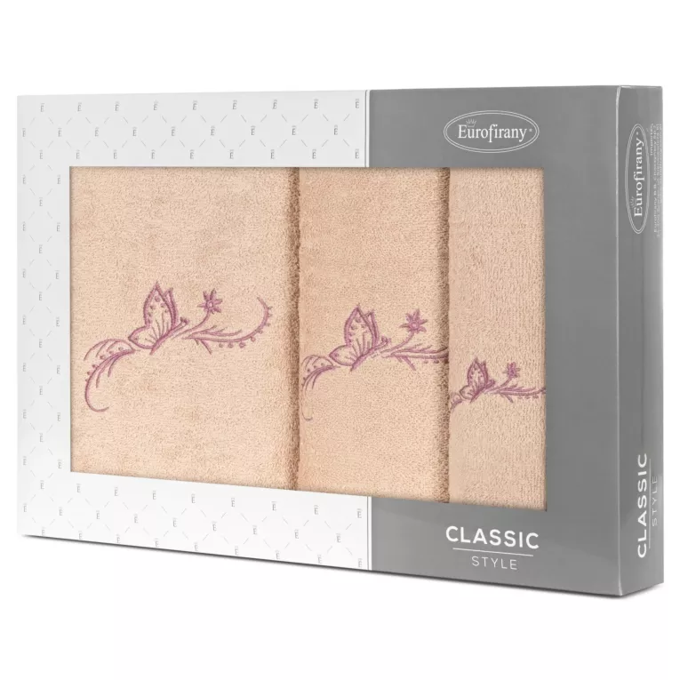 Zestaw upominkowy FAIRY 3 szt ręczników z haftem z motywem motyli w kartonowym opakowaniu na prezent