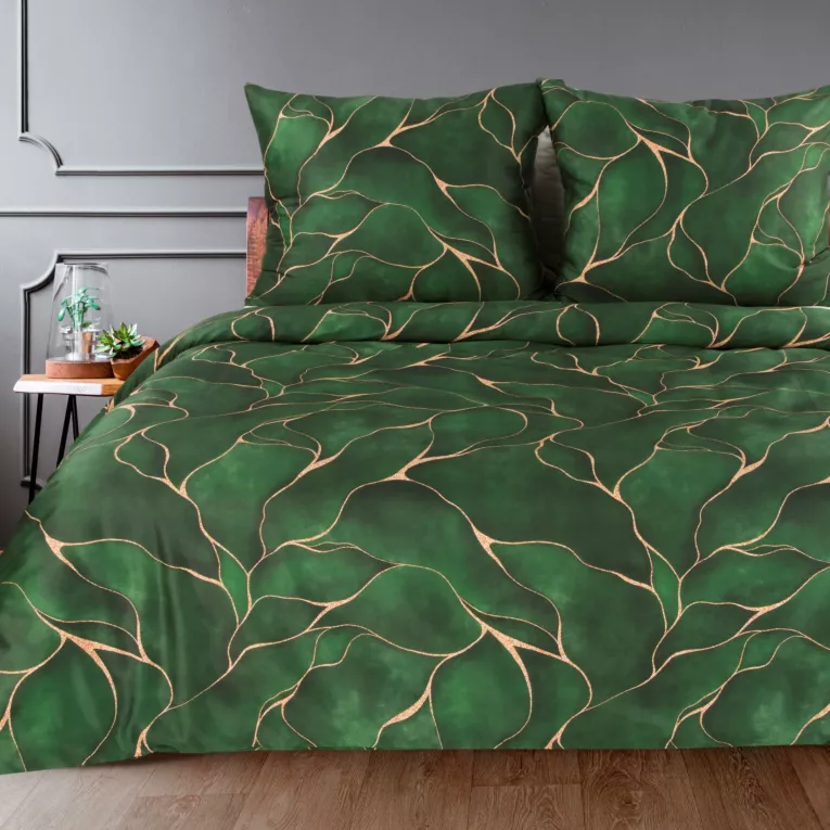 Pościel 220x200 cm z satyny bawełnianej kolor zielony, złoty w ozdobnym opakowaniu z wzorem marmuru GIFT1