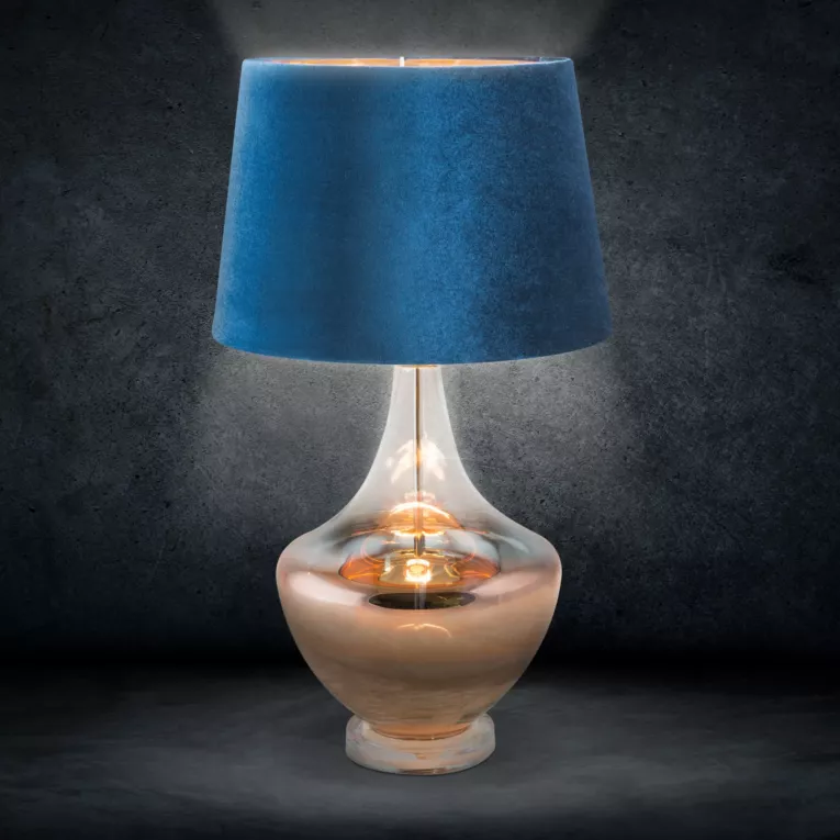 Lampa stołowa KATHY ze szklaną podstawą i granatowym abażurem z błyszczącego welwetu