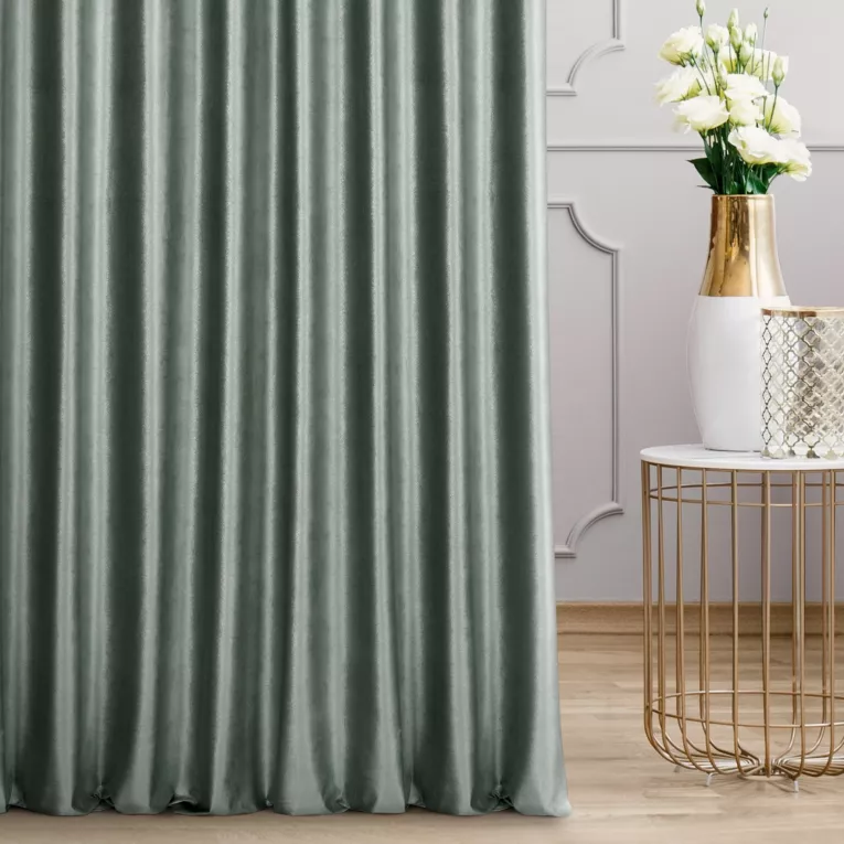 Zasłona szyta na taśmie 5 cm turkusowo szampańska z tkaniny welwetowej z błyszczącym nadrukiem