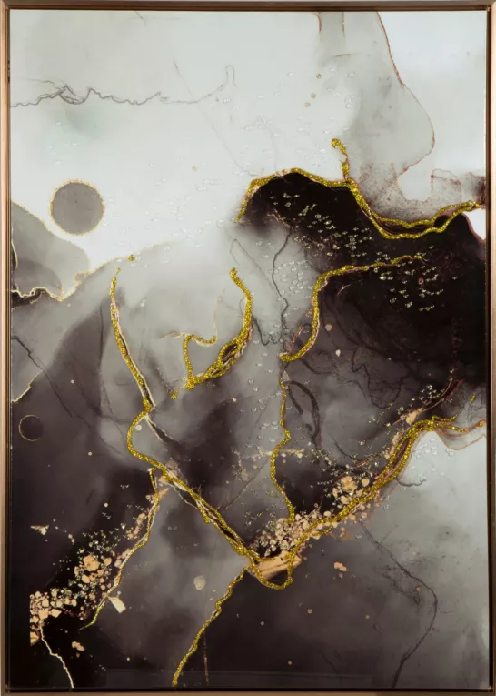 Obraz AURORA 2 abstrakcyjny ze złotym i czarnym nadrukiem na białym tle