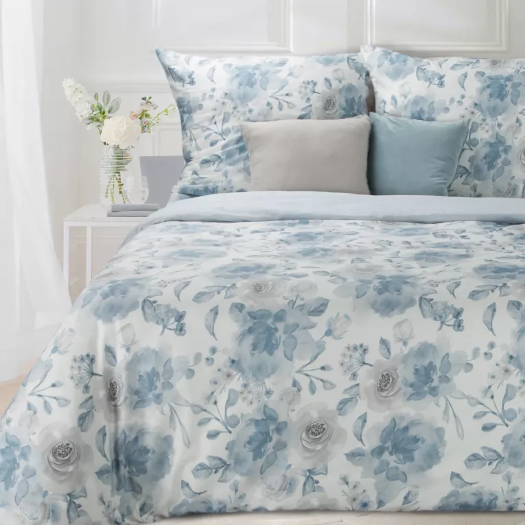 EUROFIRANY CLASSIC SATIN Komplet pościeli SPRING 14 z wysokiej jakości satyny bawełnianej z nadrukiem niebieskich kwiatów