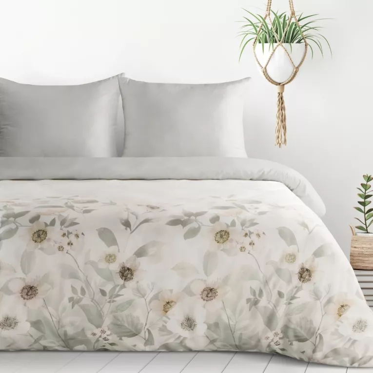 Pościel 140x200 cm komplet 2 częściowy  kolor biało, srebrny z motywem subtelnych kwiatów ELIA Design 91