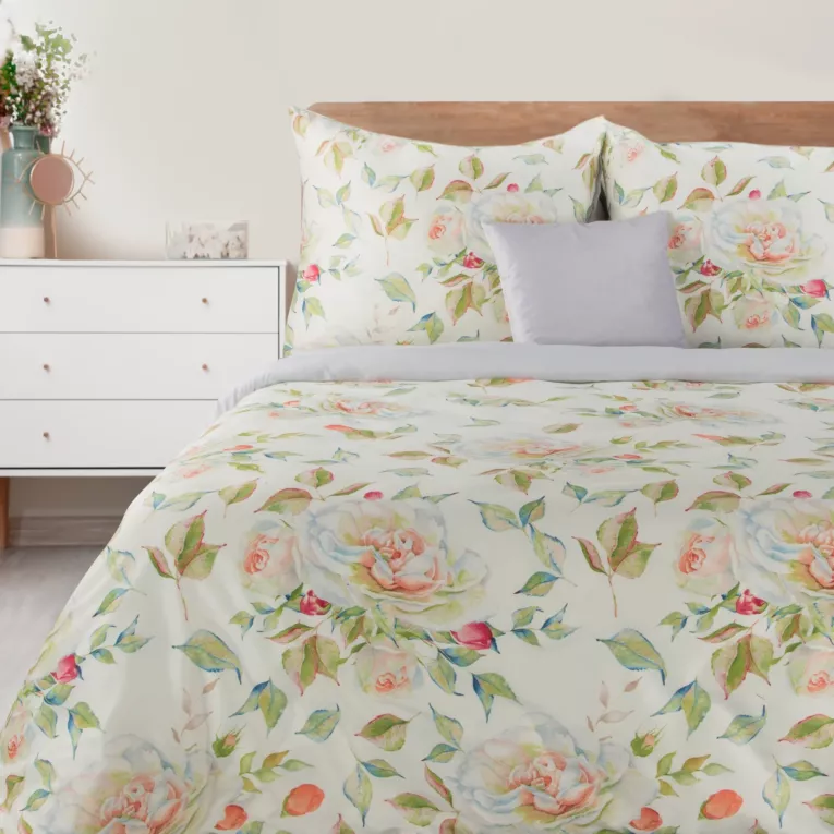 Pościel 220x200 cm poliestrowa kolor biały, jasnopomarańczowy w róże ELLA