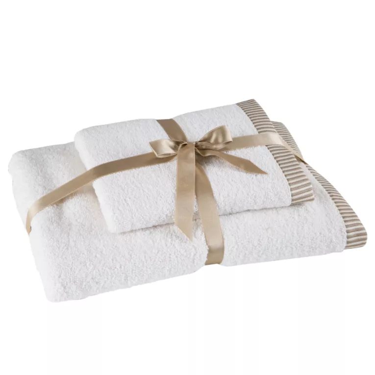 Zestaw ręczników bawełnianych na prezent 2 szt kolor kremowy z ozdobną żakardową bordiurą w paseczki 450 g/m2 KOS