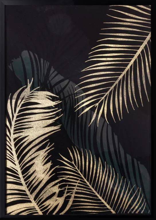Obraz z nadrukiem błyszczących złotych liści w czarnej ramce