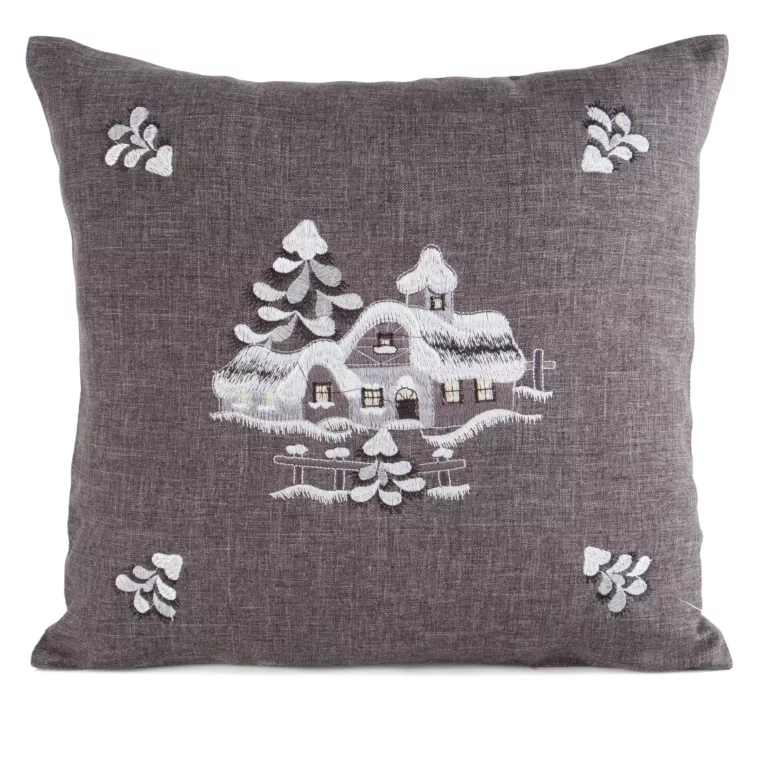 Poszewka na poduszkę świąteczna 45x45 cm stalowo, srebrna o naturalnym splocie z haftowaną aplikacją