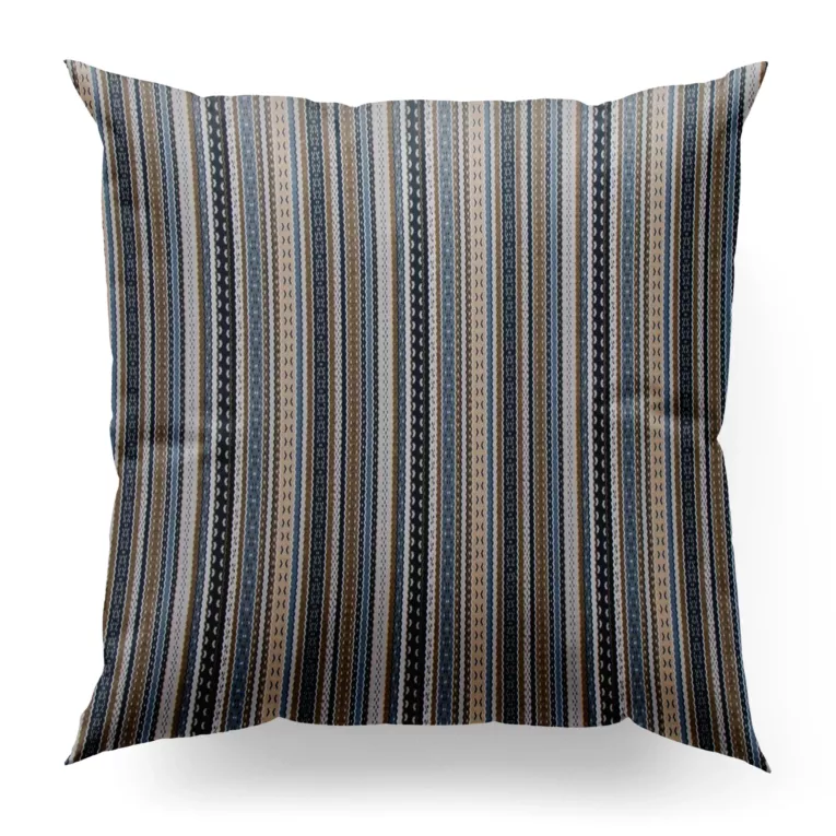 Poszewka szyta niebiesko beżowa z grubej, gobelinowej tkaniny o wzorze w pasy, zawiera 50% bawełny