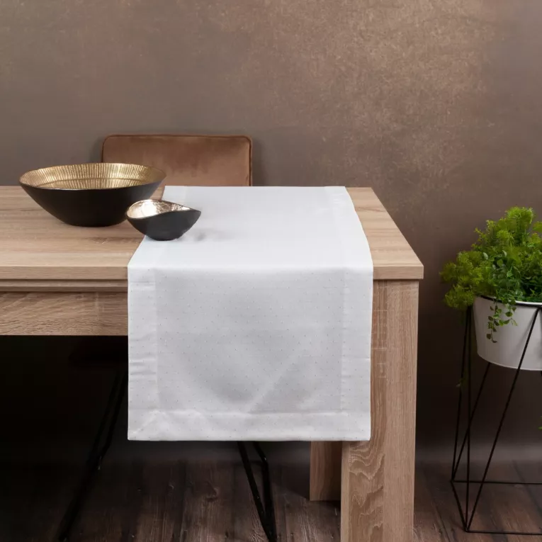 Bieżnik na stół biały 40x200 cm ELIZA zdobiony srebrną błyszczącą nicią z elegancką listwą