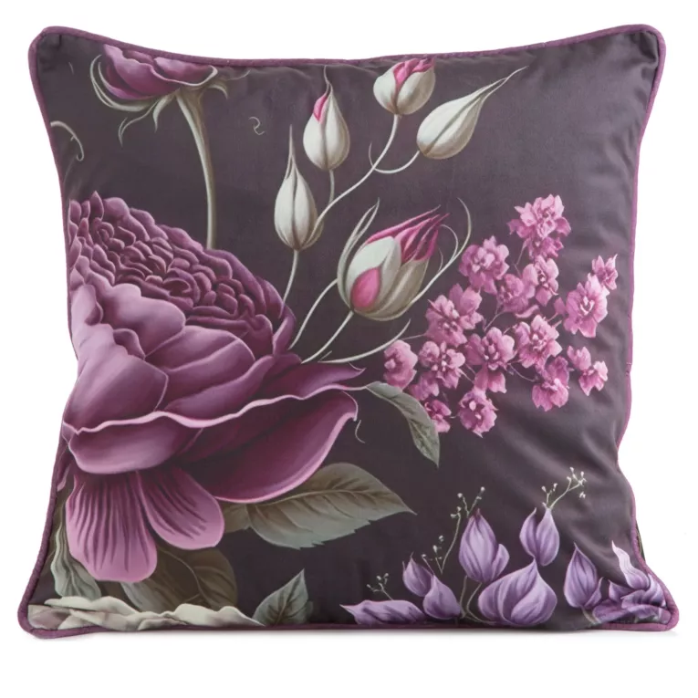 Poszewka na poduszkę 45x45 cm welwetowa, fioletowo czarna, dwustronna z motywem kwiatów Eurofirany Premium