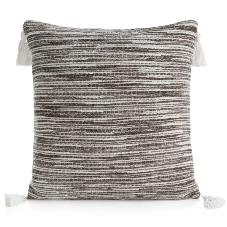 Poszewka na poduszkę 45x45 cm ciemnobeżowa z szenilowej tkaniny z ozdobnymi chwostami ENID