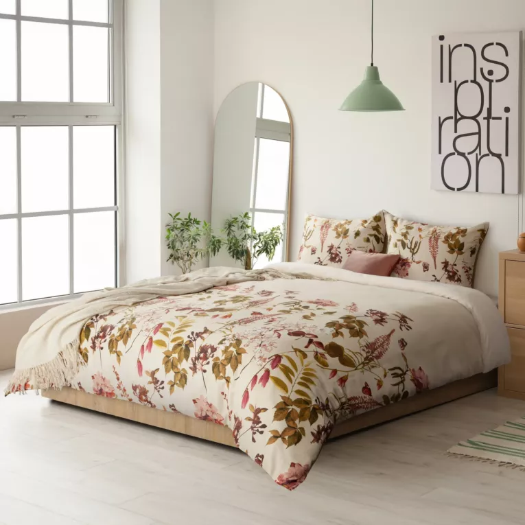 Pościel 220x200 cm komplet 3 częściowy bawełniana kolor beżowy, oliwkowy z roślinnym wzorem SPRING 3