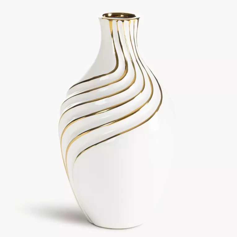Wazon dekoracyjny biało, złoty zdobiony subtelnymi liniami 17x30 cm ESTELA