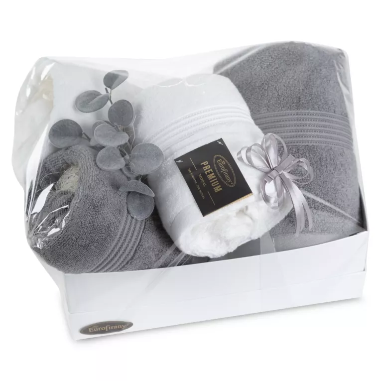 Zestaw ręczników bawełnianych na prezent 2 szt 50x90 cm, 2 szt 70x140 cm kolor stalowy, biały z bordiurą w pasy