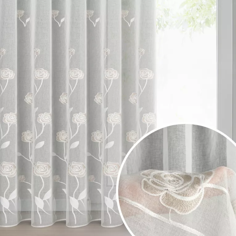 Firana kremowo, beżowa z etaminy zdobiona haftem róż 140x270 cm taśma - ROSALY