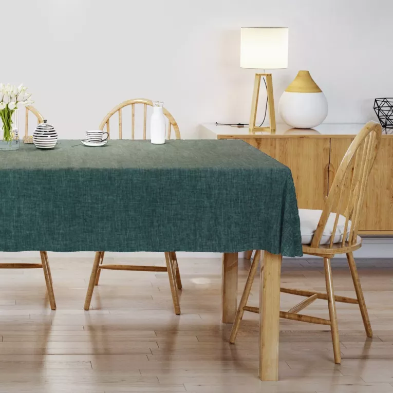 Obrus szyty turkusowy z tkaniny zaciemniającej typu dimout o naturalnym splocie, z efektem melanżu