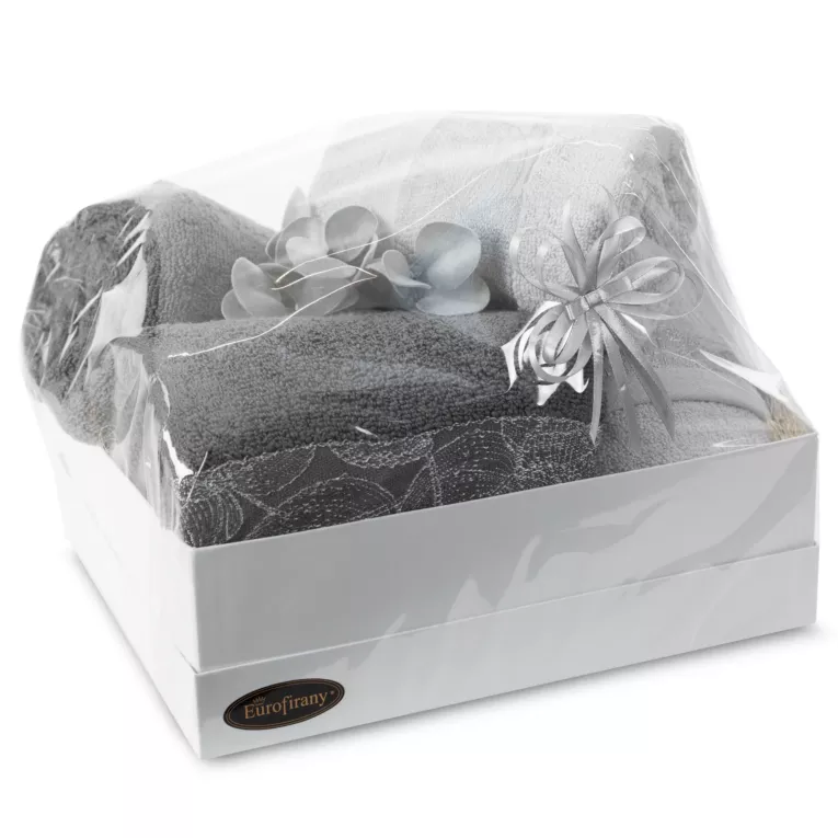 Zestaw ręczników bawełnianych na prezent 2 szt 50x90 cm, 2 szt 70x140 cm kolor srebrny, stalowy z żakardową bordiurą