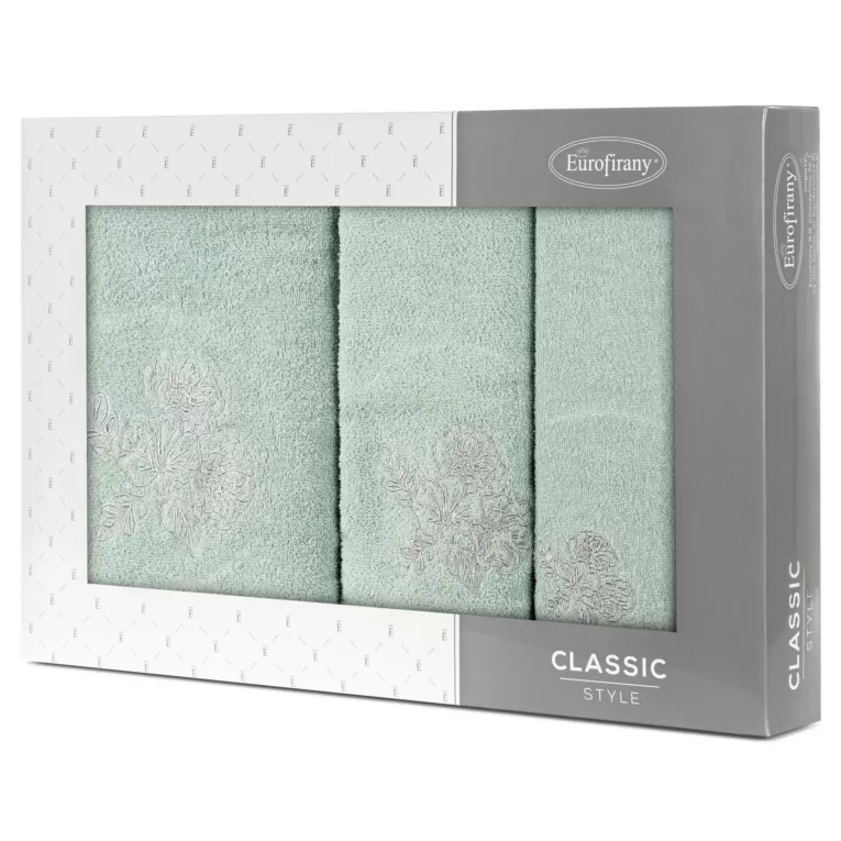 Zestaw ręczników bawełnianych na prezent 3 szt kolor ciemno turkusowy, srebrny z haftem kwiatów 400 g/m2 MELANI