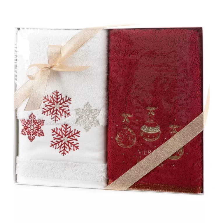 Zestaw ręczników światecznych bawełnianych 2 szt kolor biały,czerwony 420 g/m2 JOY