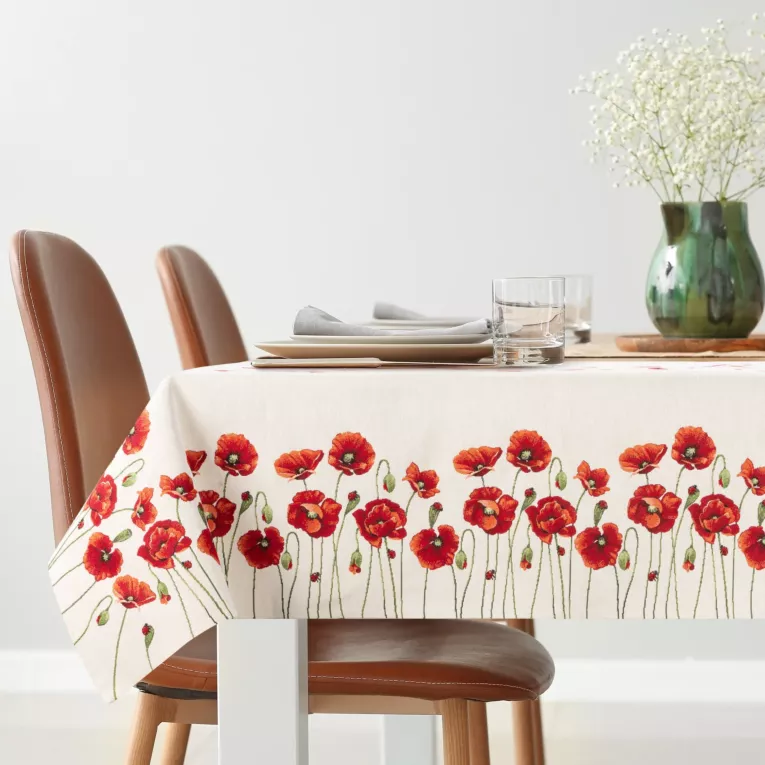 Obrus naturalno, czerwony 140x180 cm gobelinowy zdobiony motywem maków