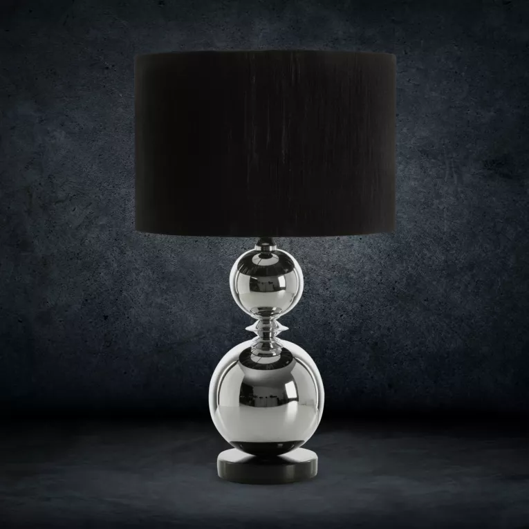 Lampa stołowa do pokoju czarno, srebrna ZENA na metalowej podstawie z matowym abażurem