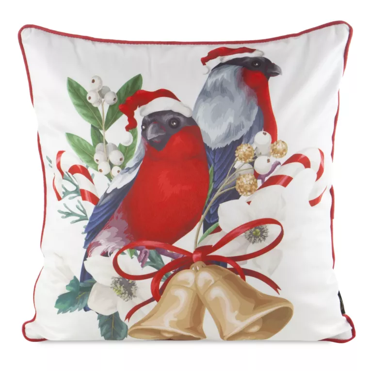 Poszewka na poduszkę świąteczna 45x45 cm biało, czerwona zdobiona uroczym nadrukiem ptaszków i elegancką wypustką