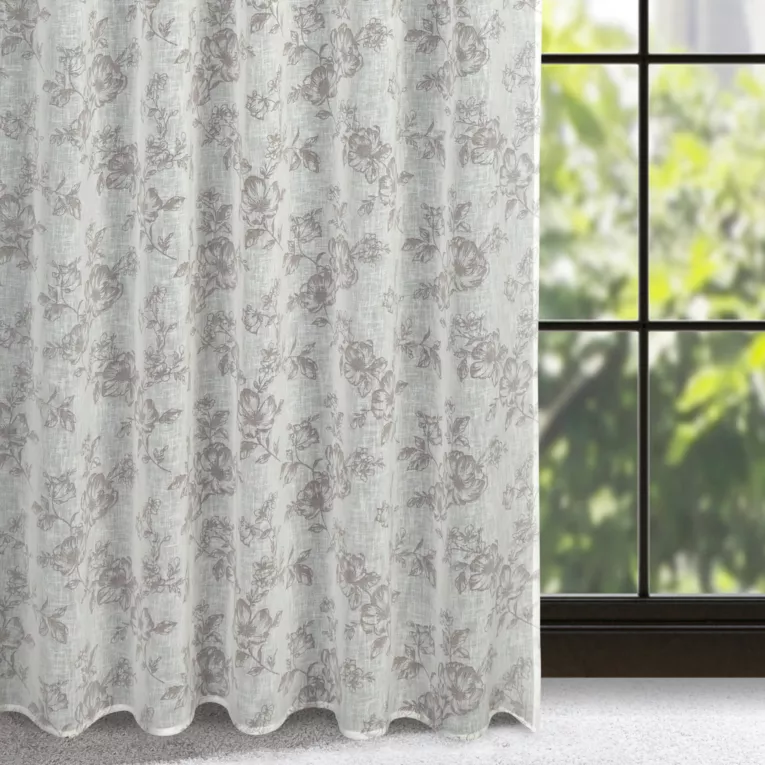 Dekoracja okienna biało, popielata z lekkej etaminy w stylu eco z kwiatowym nadrukiem 140x270 cm taśma/szelki - WIKI