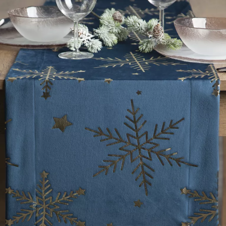 Bieżnik świąteczny na stół 40x140 cm granatowo, szampański welwetowy zdobiony śnieżynkami